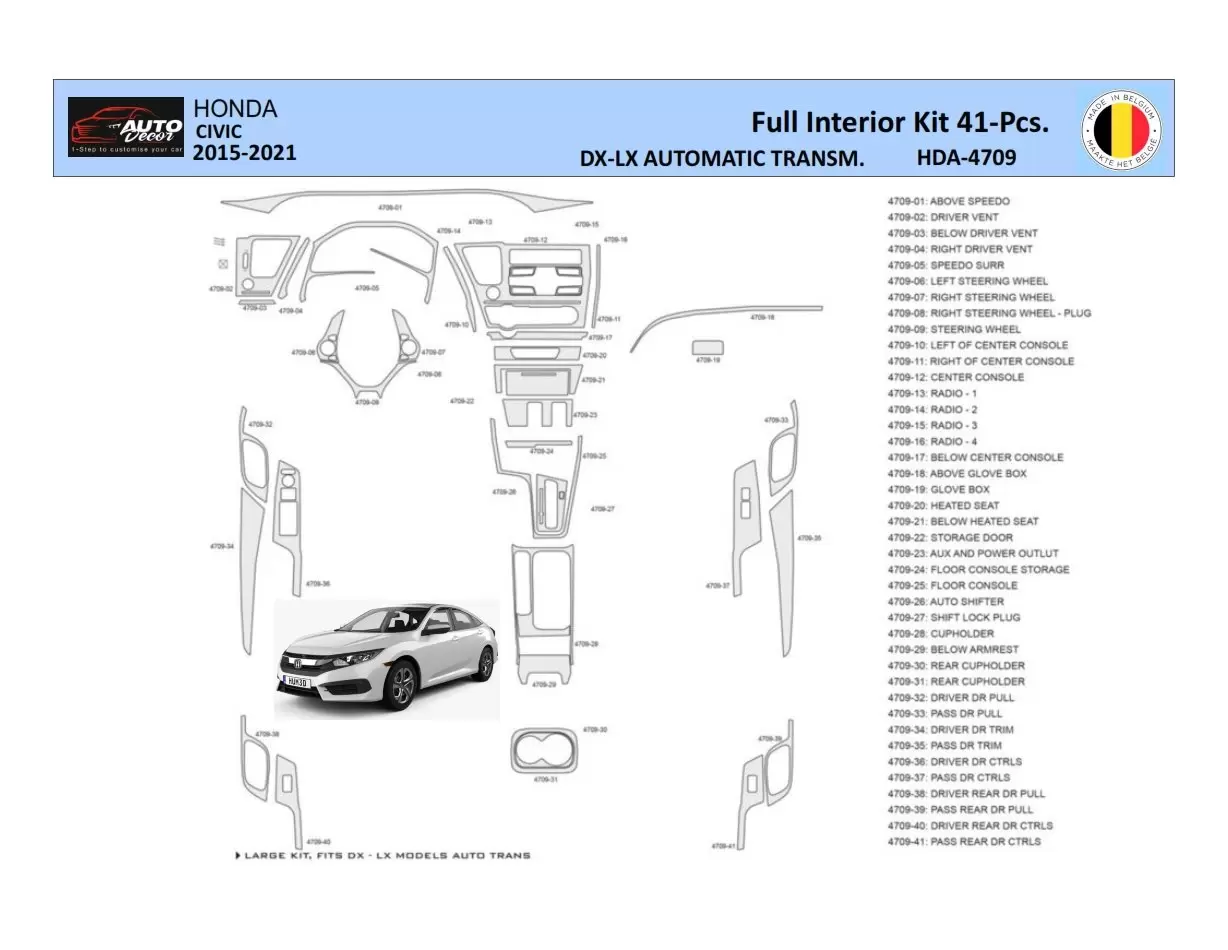 Honda Civic XI 2015-2021 Inleg dashboard Interieurset aansluitend en pasgemaakt 41 Delen