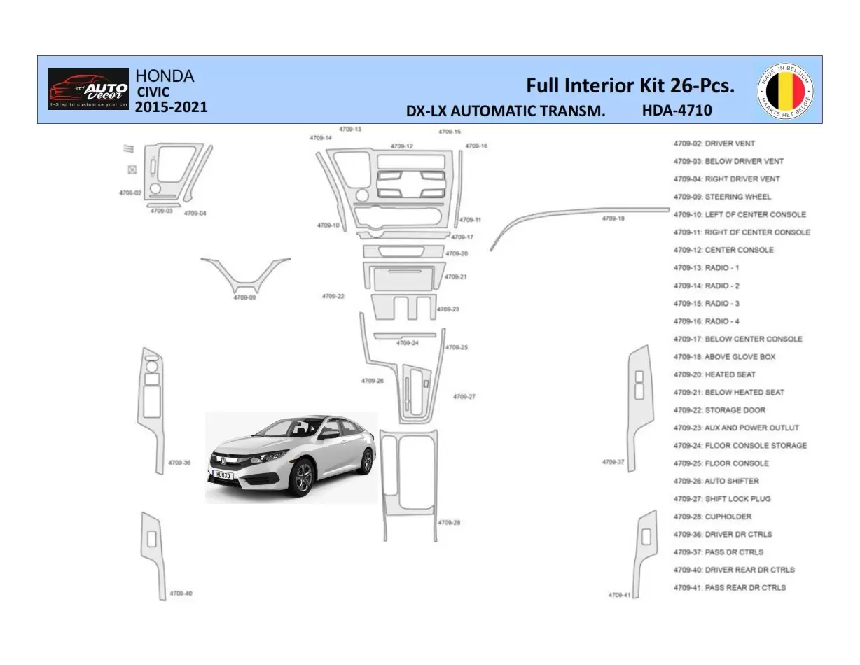 Honda Civic XI 2015-2021 Inleg dashboard Interieurset aansluitend en pasgemaakt 26 Delen