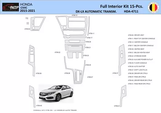 Honda Civic XI 2015-2021 Inleg dashboard Interieurset aansluitend en pasgemaakt 15 Delen