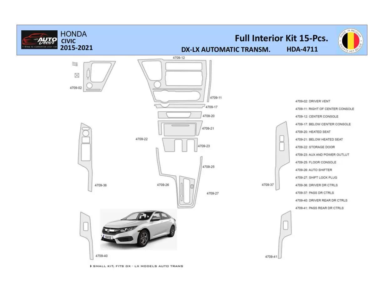 Honda Civic XI 2015-2021 Inleg dashboard Interieurset aansluitend en pasgemaakt 15 Delen