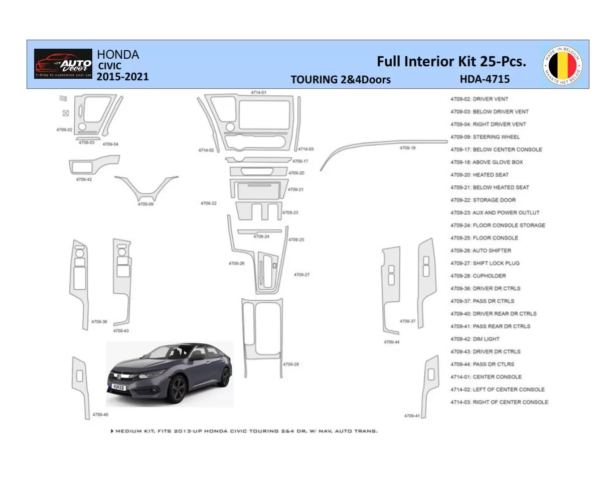 Honda Civic XI 2015-2021 Inleg dashboard Interieurset aansluitend en pasgemaakt 25 Delen