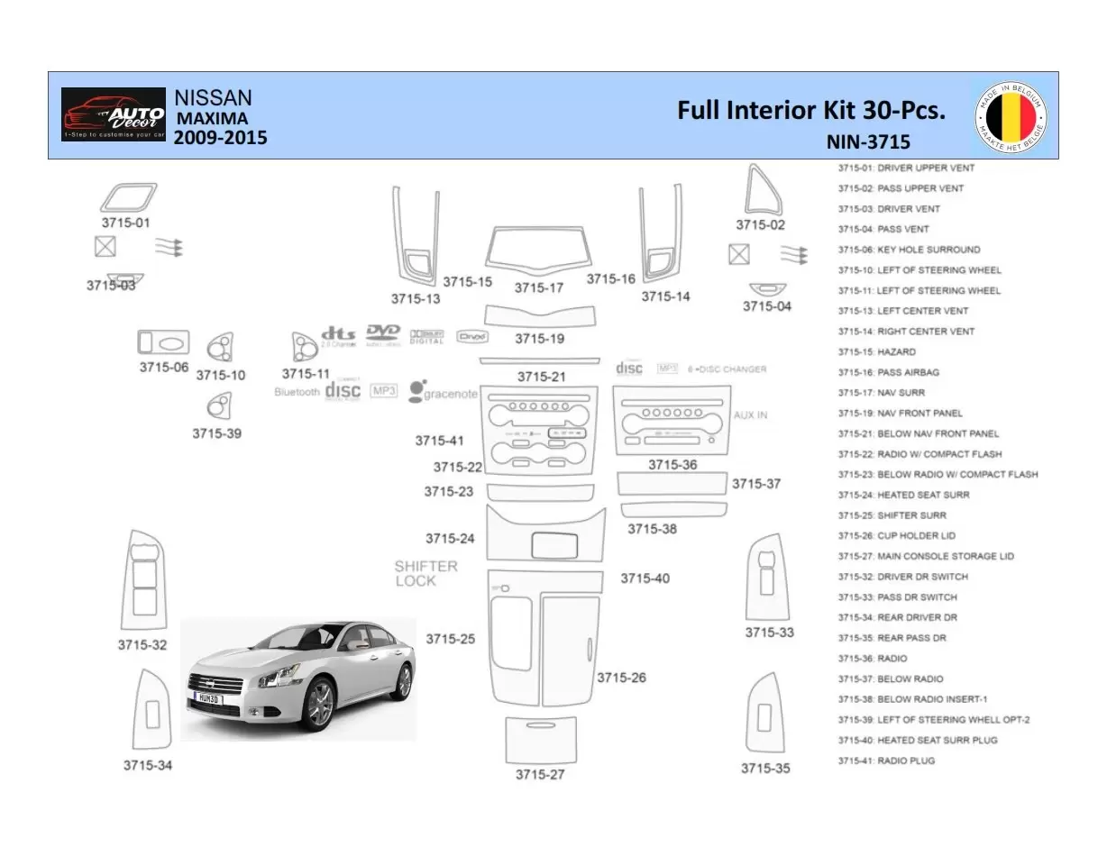 Nissan Maxima 2009-2015 Mittelkonsole Armaturendekor WHZ Cockpit Dekor 30 Teilige - 1- Cockpit Dekor Innenraum