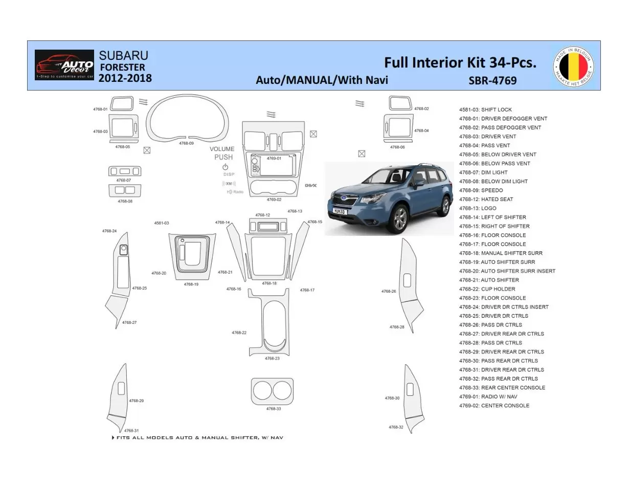 Subaru Forester 2012-2018 Mittelkonsole Armaturendekor WHZ Cockpit Dekor 34 Teilige - 1- Cockpit Innenraum Dekor 