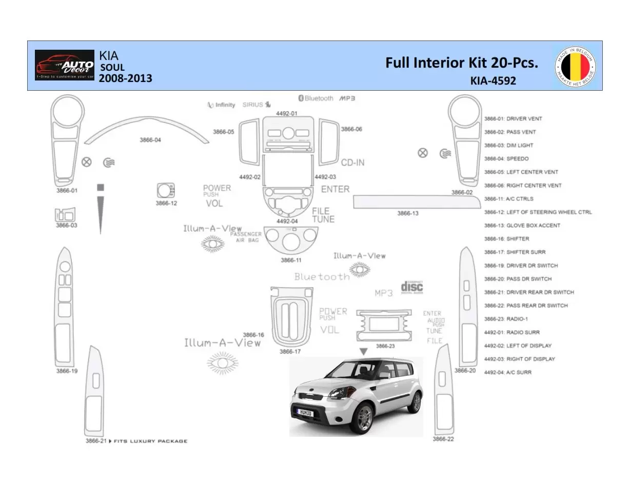 KIA Soul 2011 Inleg dashboard Interieurset aansluitend en pasgemaakt 20 Delen