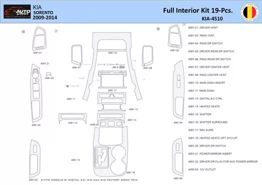 KIA Sorento 2011 Interior WHZ Dashboard trim kit 19 Parts