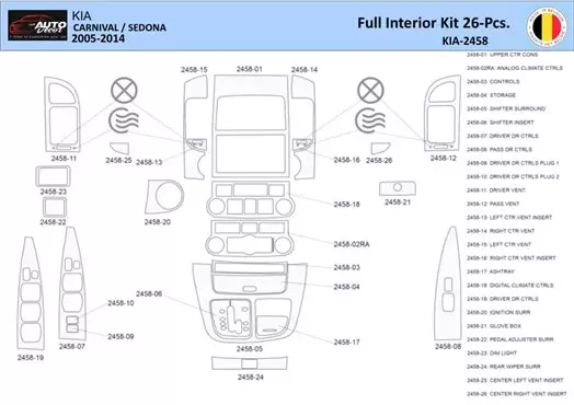 Kia Carnival 2005-2014 Kit la décoration du tableau de bord 26 Pièce - 1 - habillage decor de tableau de bord