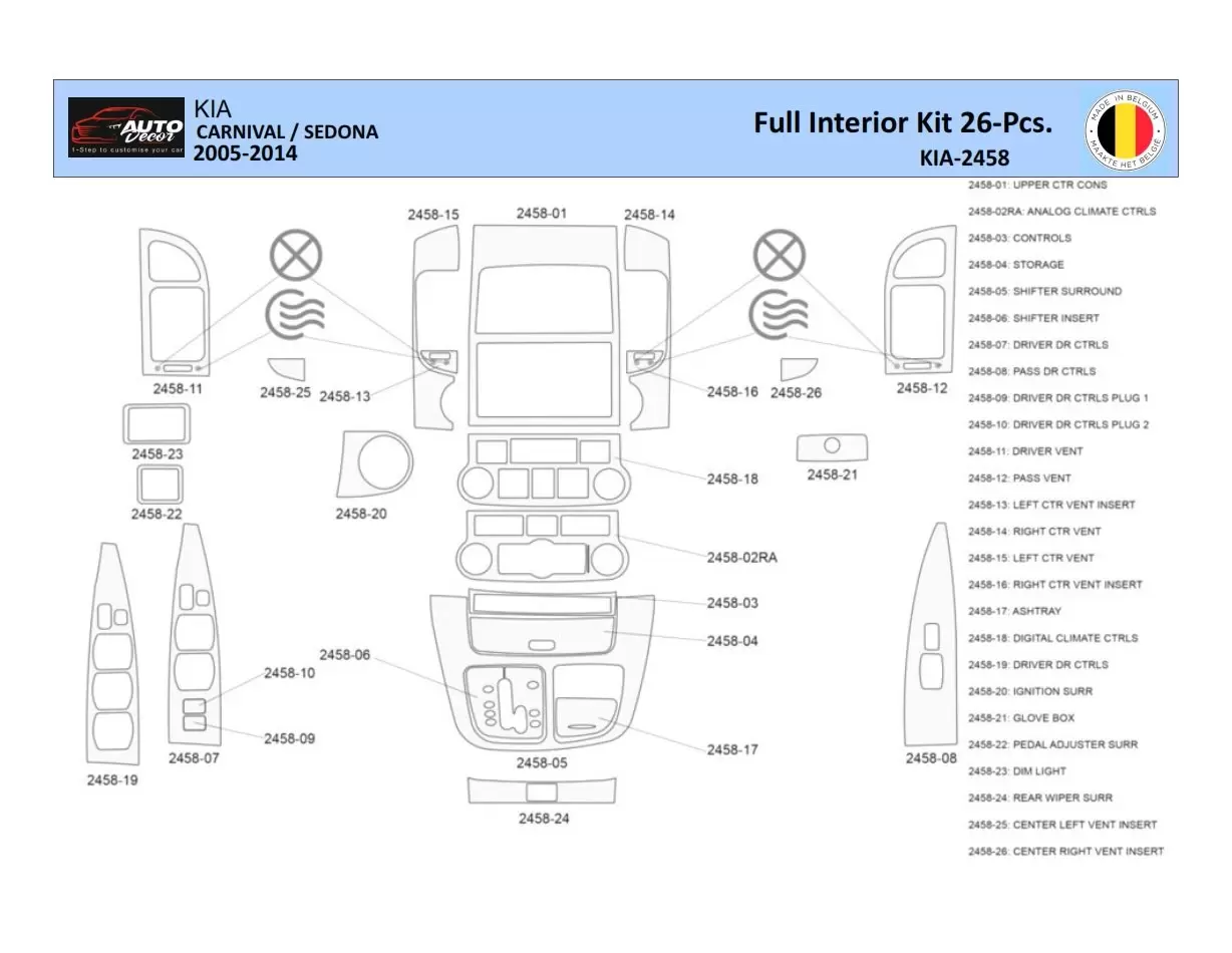 Kia Carnival 2005-2014 Inleg dashboard Interieurset aansluitend en pasgemaakt 26 Delen