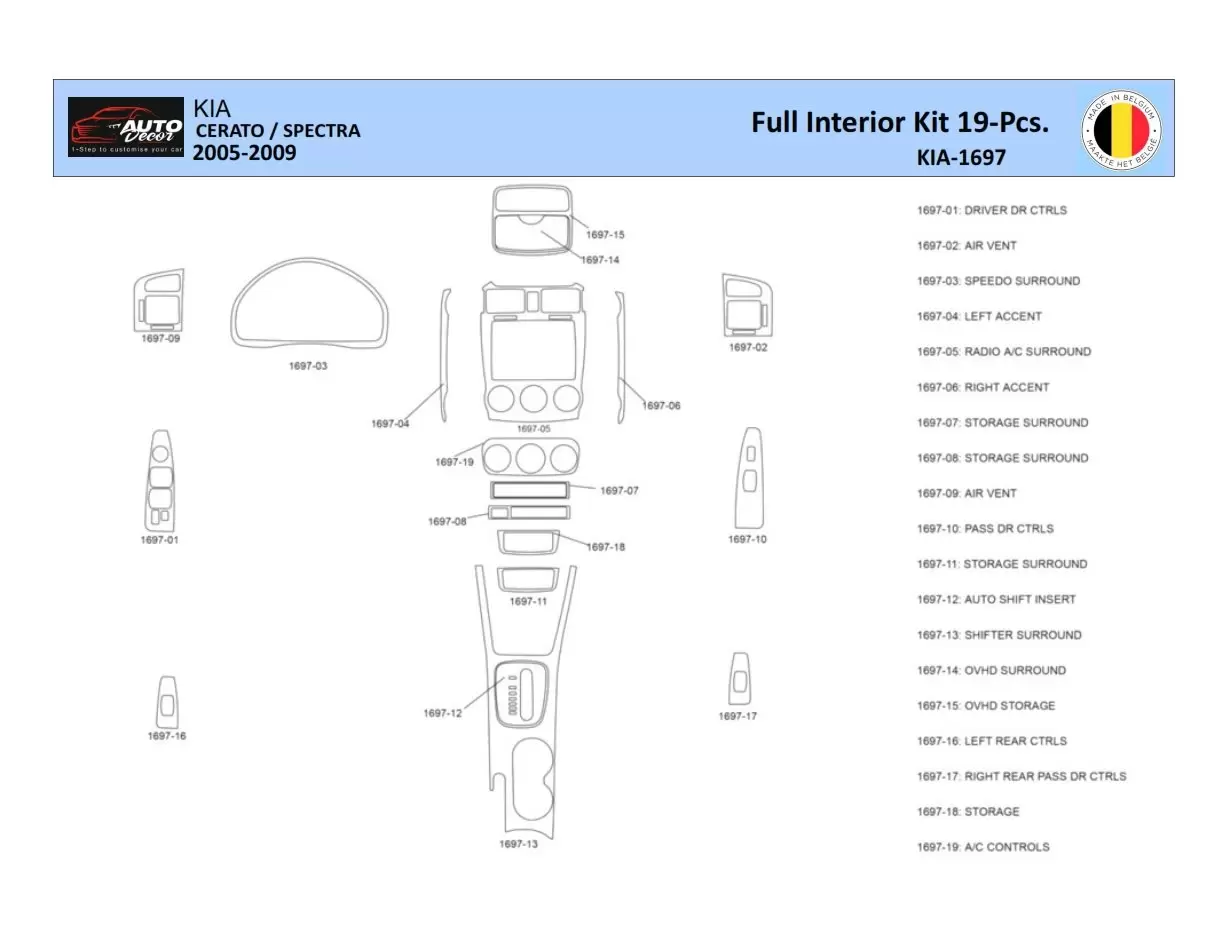 KIA Cerato-2005 Kit la décoration du tableau de bord 19 Pièce - 1 - habillage decor de tableau de bord