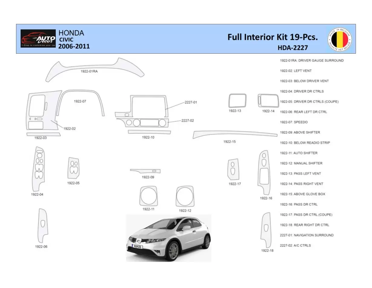 Honda Civic 2006-2011 Inleg dashboard Interieurset aansluitend en pasgemaakt 19 Delen