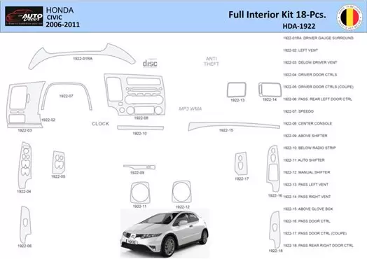 Honda Civic 2006-2011 Kit la décoration du tableau de bord 18 Pièce - 1 - habillage decor de tableau de bord