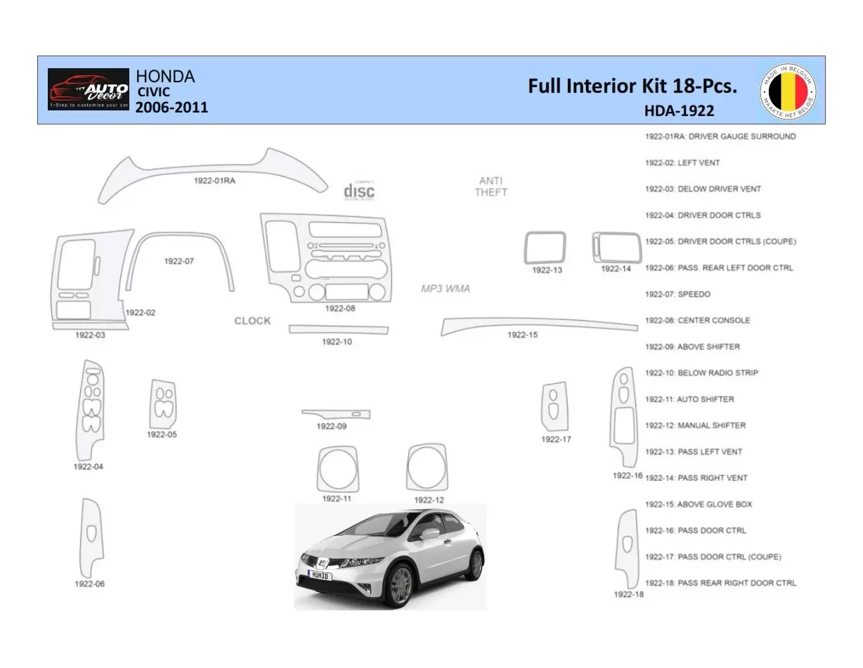Honda Civic 2006-2011 Interior WHZ Dashboard trim kit 18 Parts