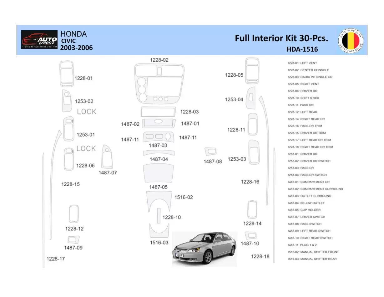 Honda Civic 2002-2005 Inleg dashboard Interieurset aansluitend en pasgemaakt 30 Delen