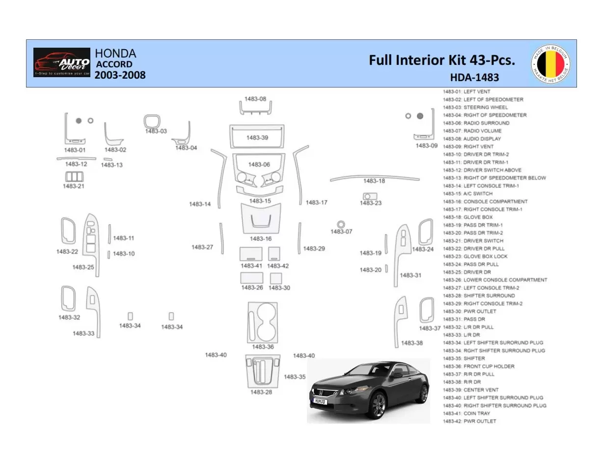 Honda Accord 2003-2007 Inleg dashboard Interieurset aansluitend en pasgemaakt 43 Delen