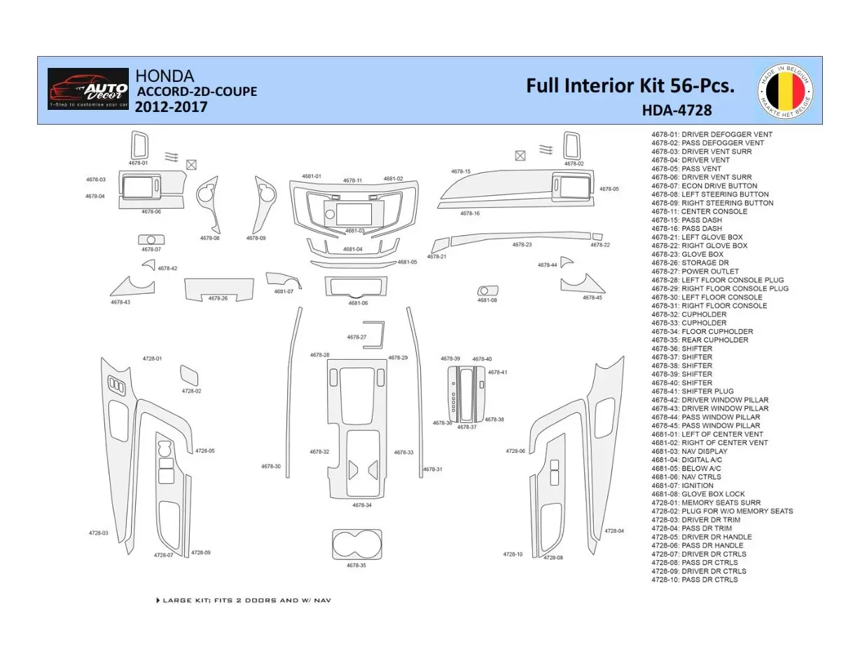 Honda Accord 2014-2022 Inleg dashboard Interieurset aansluitend en pasgemaakt 56 Delen