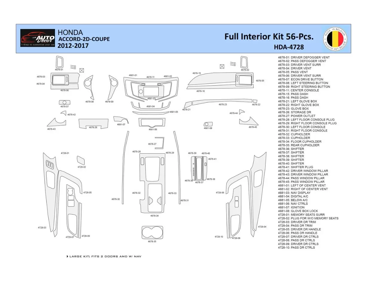 Honda Accord 2014-2022 Interior WHZ Dashboard trim kit 56 Parts