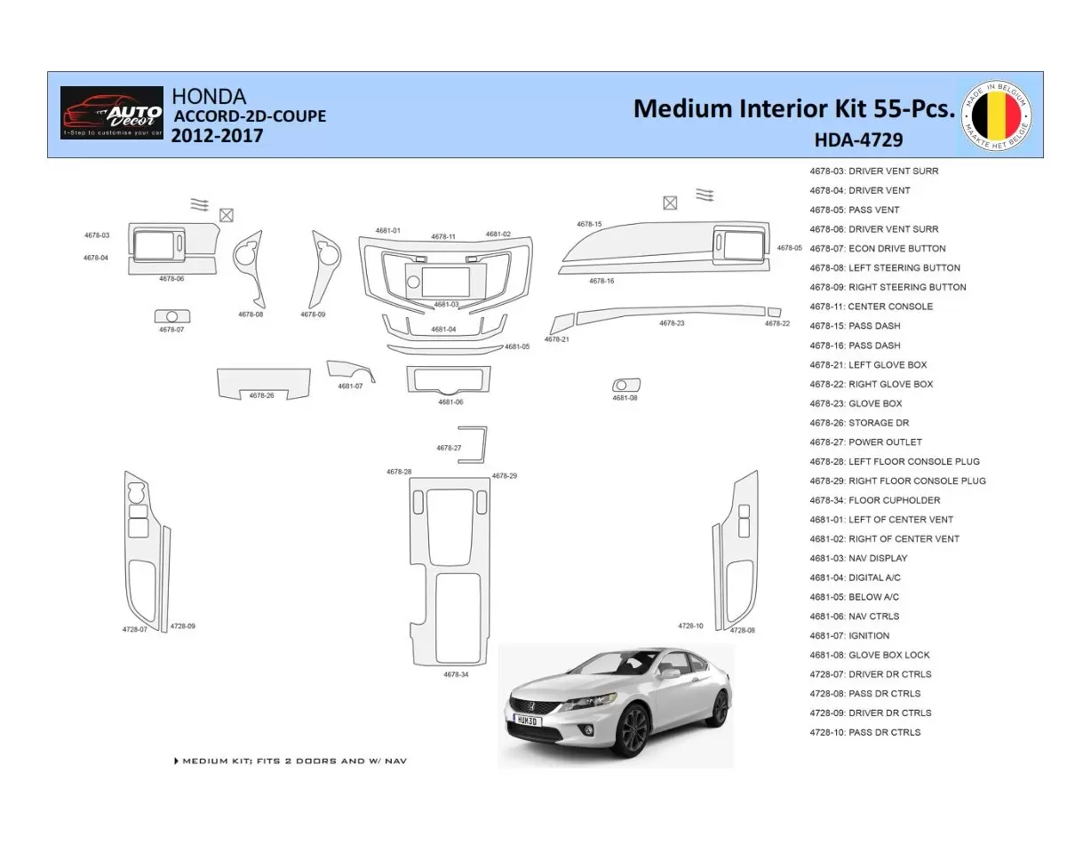 Honda Accord 2014-2022 Interior WHZ Dashboard trim kit 30 Parts