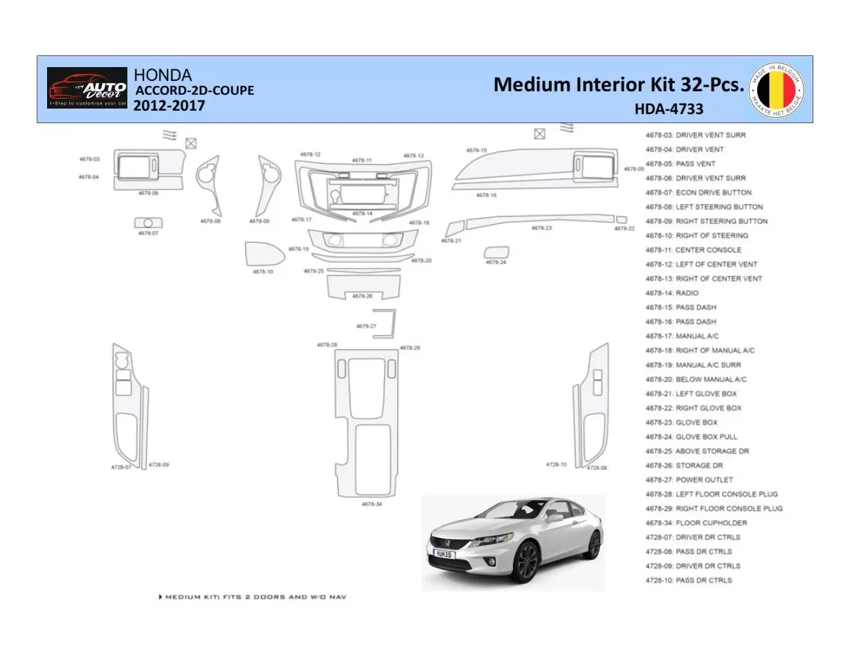 Honda Accord 2014-2022 Interior WHZ Dashboard trim kit 32 Parts