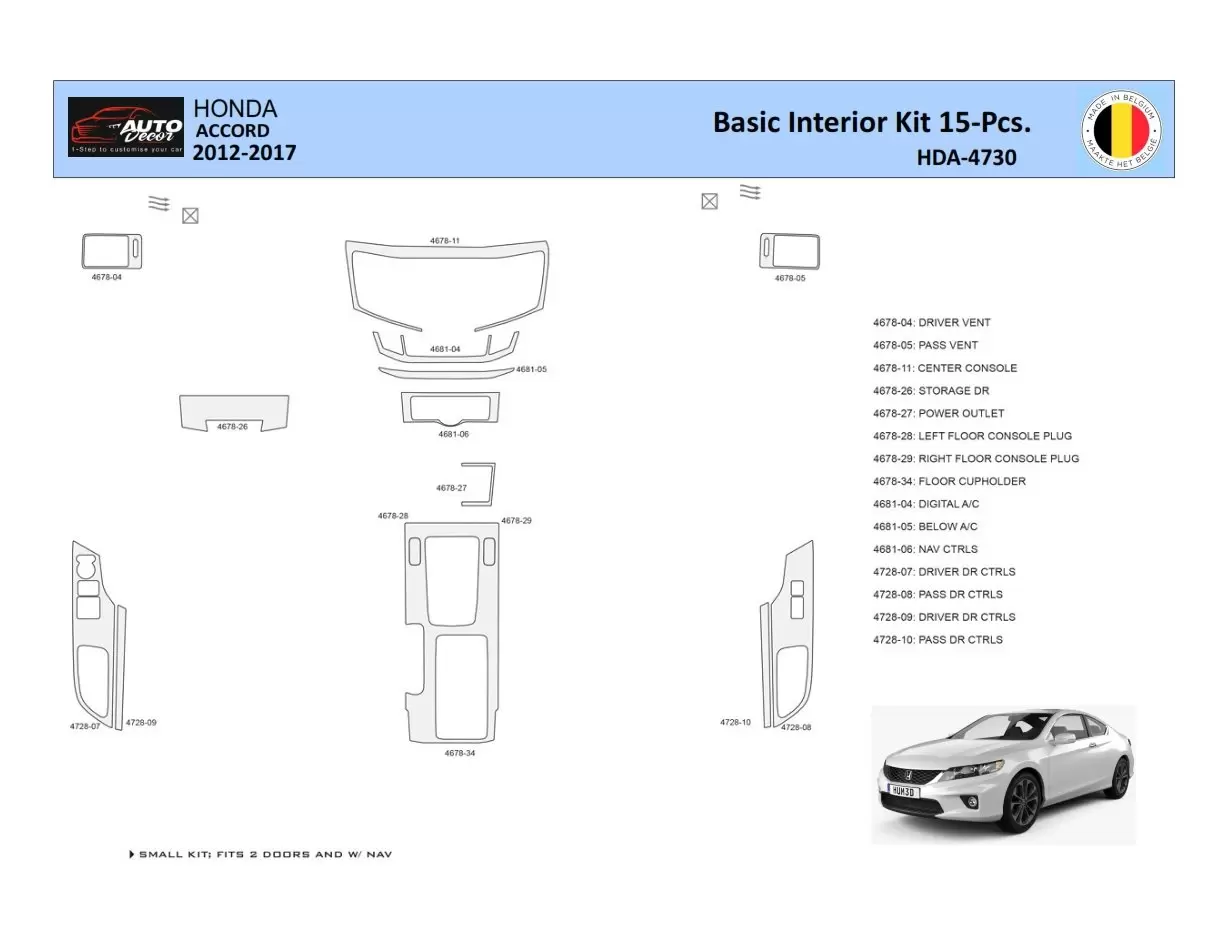 Honda Accord 2014-2022 Kit la décoration du tableau de bord 15 Pièce - 1 - habillage decor de tableau de bord
