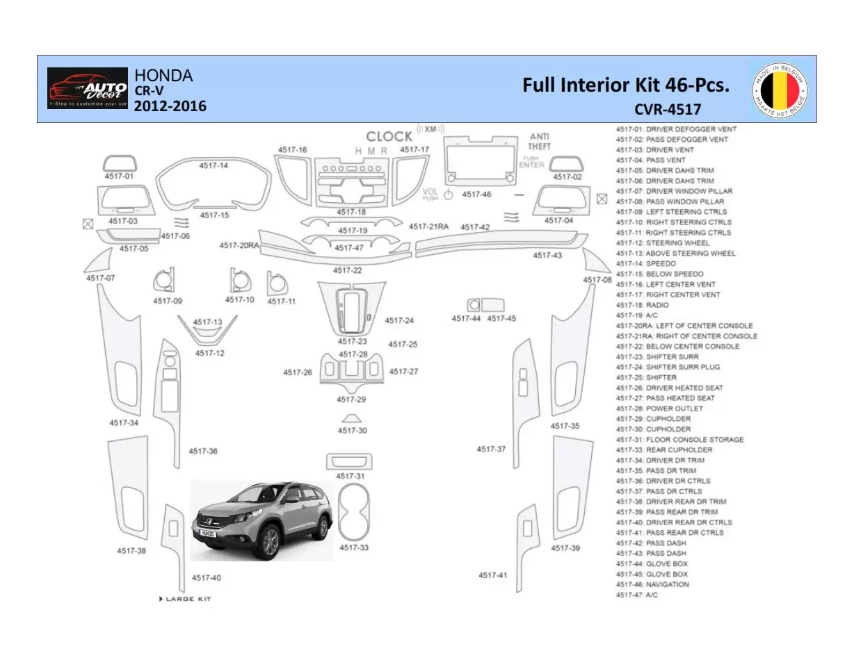 Honda CR-V 2012-2016 Inleg dashboard Interieurset aansluitend en pasgemaakt 46 Delen