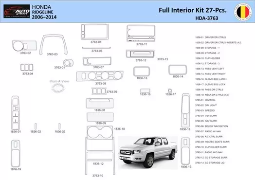 Honda Ridgeline YK1 2009-2017 Inleg dashboard Interieurset aansluitend en pasgemaakt 27 Delen