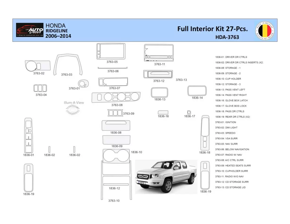 Honda Ridgeline YK1 2009-2017 Interior WHZ Dashboard trim kit 27 Parts