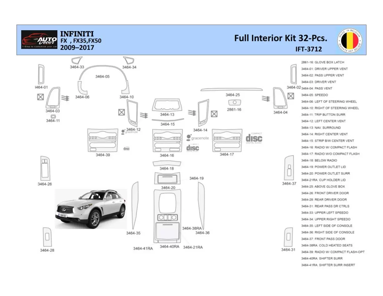 Infiniti FX S51 2009-2017 Kit la décoration du tableau de bord 32 Pièce - 1 - habillage decor de tableau de bord