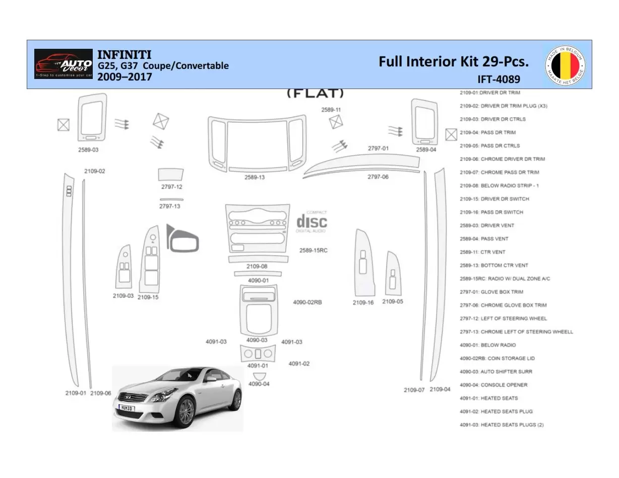 Infiniti G25 2009–2015 Convertible Inleg dashboard Interieurset aansluitend en pasgemaakt 29 Delen