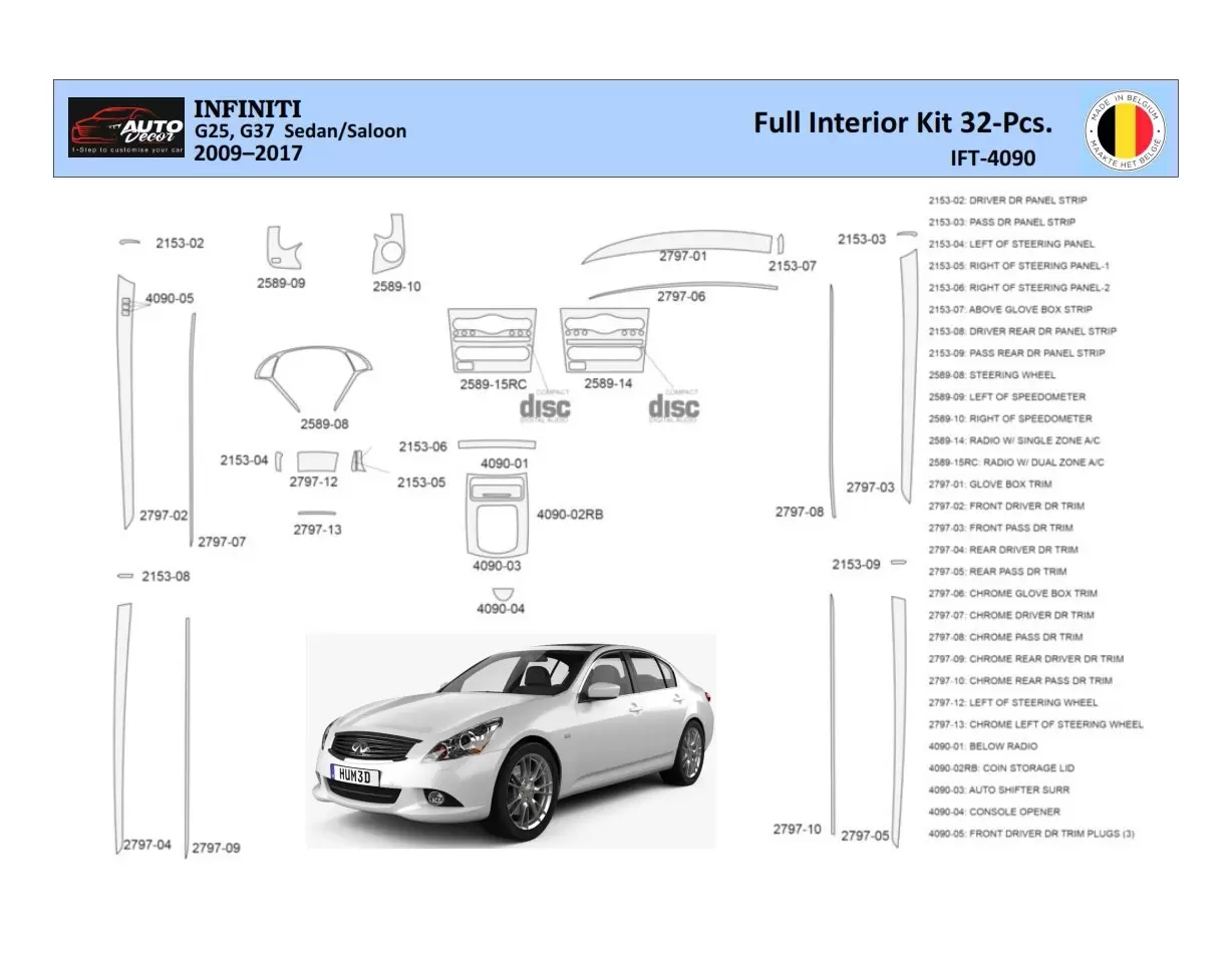 Infiniti G25 2009–2015 Convertible Kit la décoration du tableau de bord 32 Pièce - 1 - habillage decor de tableau de bord