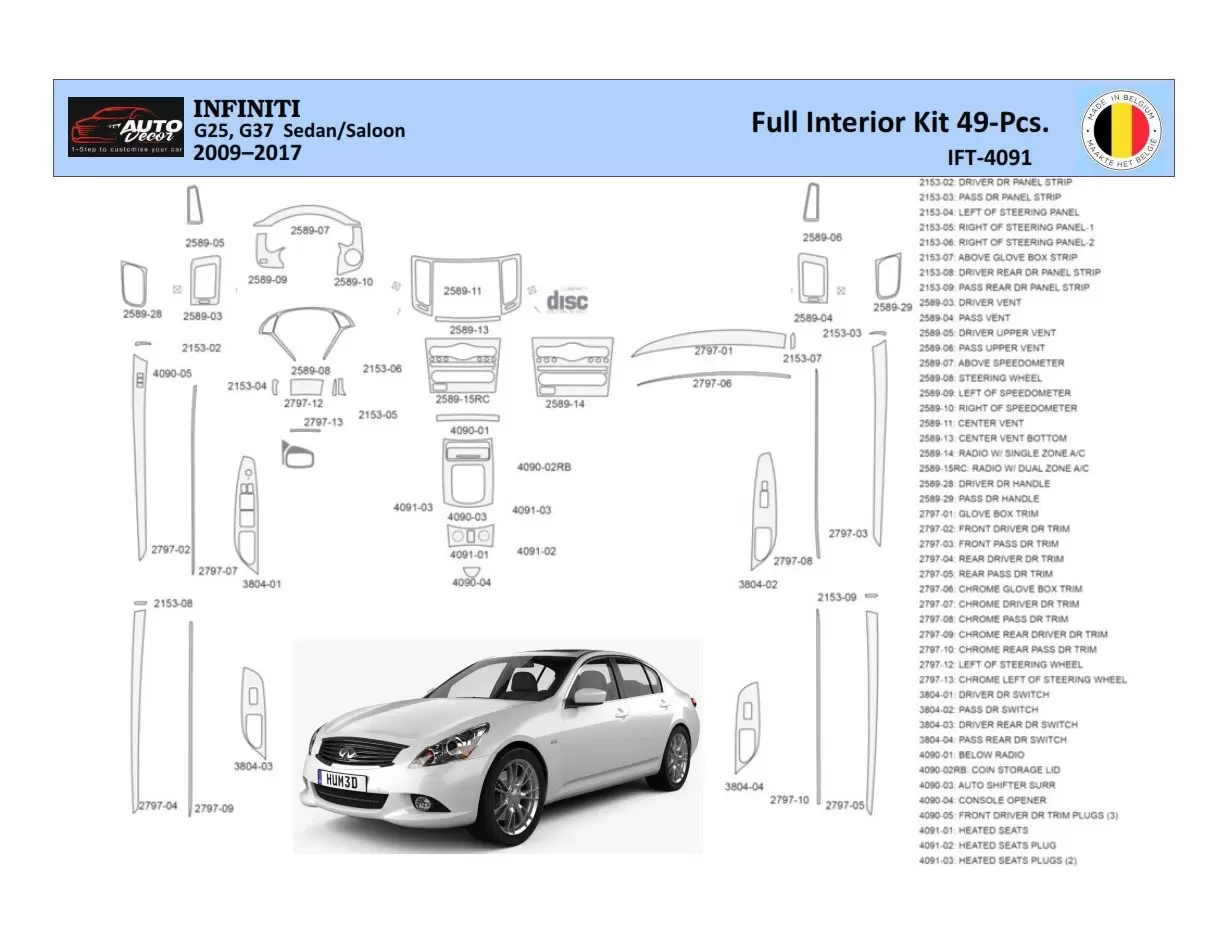 Infiniti G25 2009–2015 Convertible Inleg dashboard Interieurset aansluitend en pasgemaakt 49 Delen