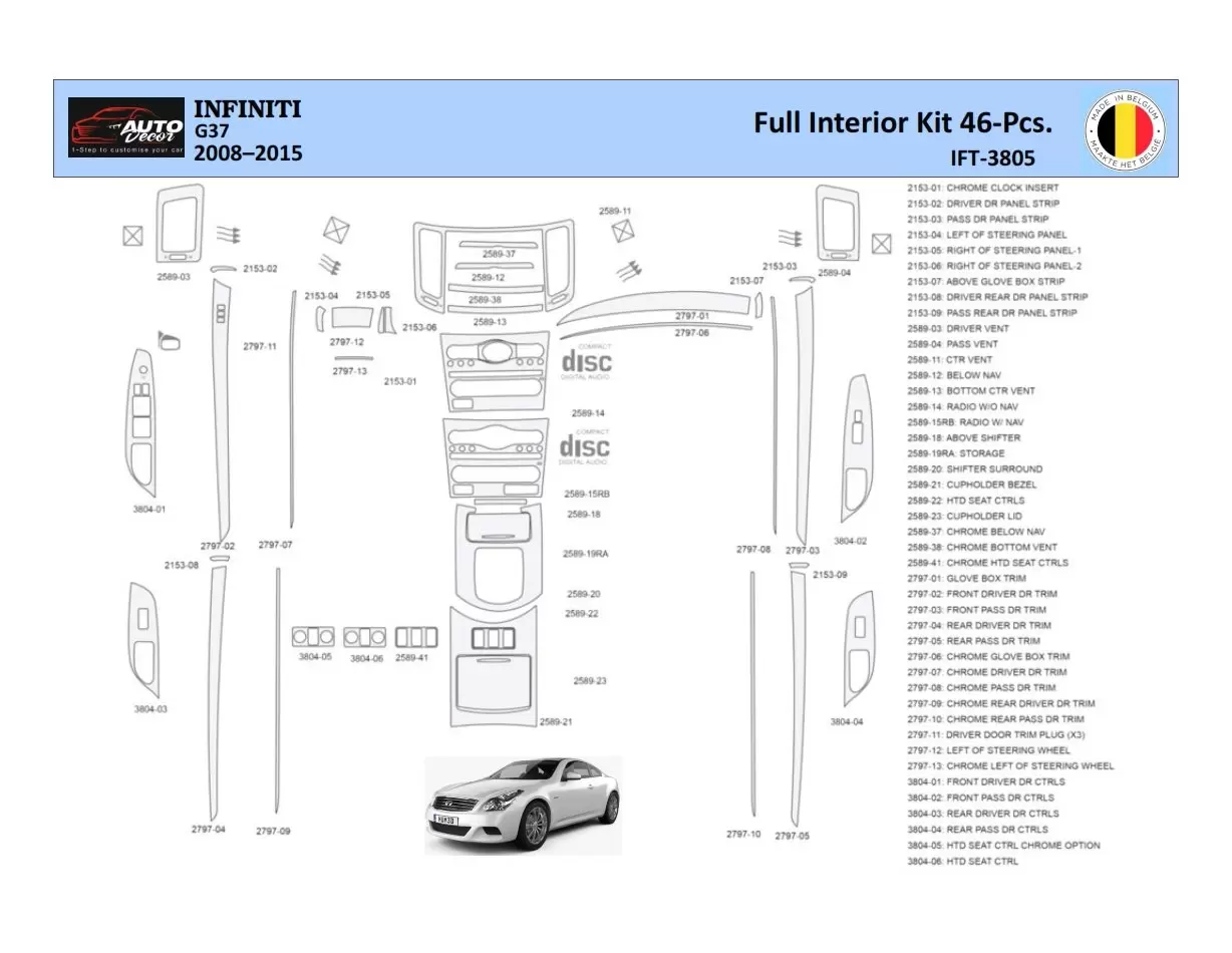 Infiniti G37 2008–2015 Sedan Inleg dashboard Interieurset aansluitend en pasgemaakt 46 Delen