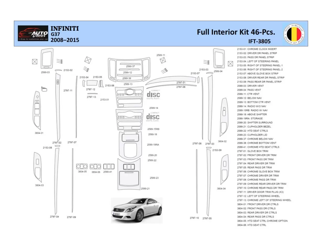 Infiniti G37 2008–2015 Sedan Interior WHZ Dashboard trim kit 46 Parts