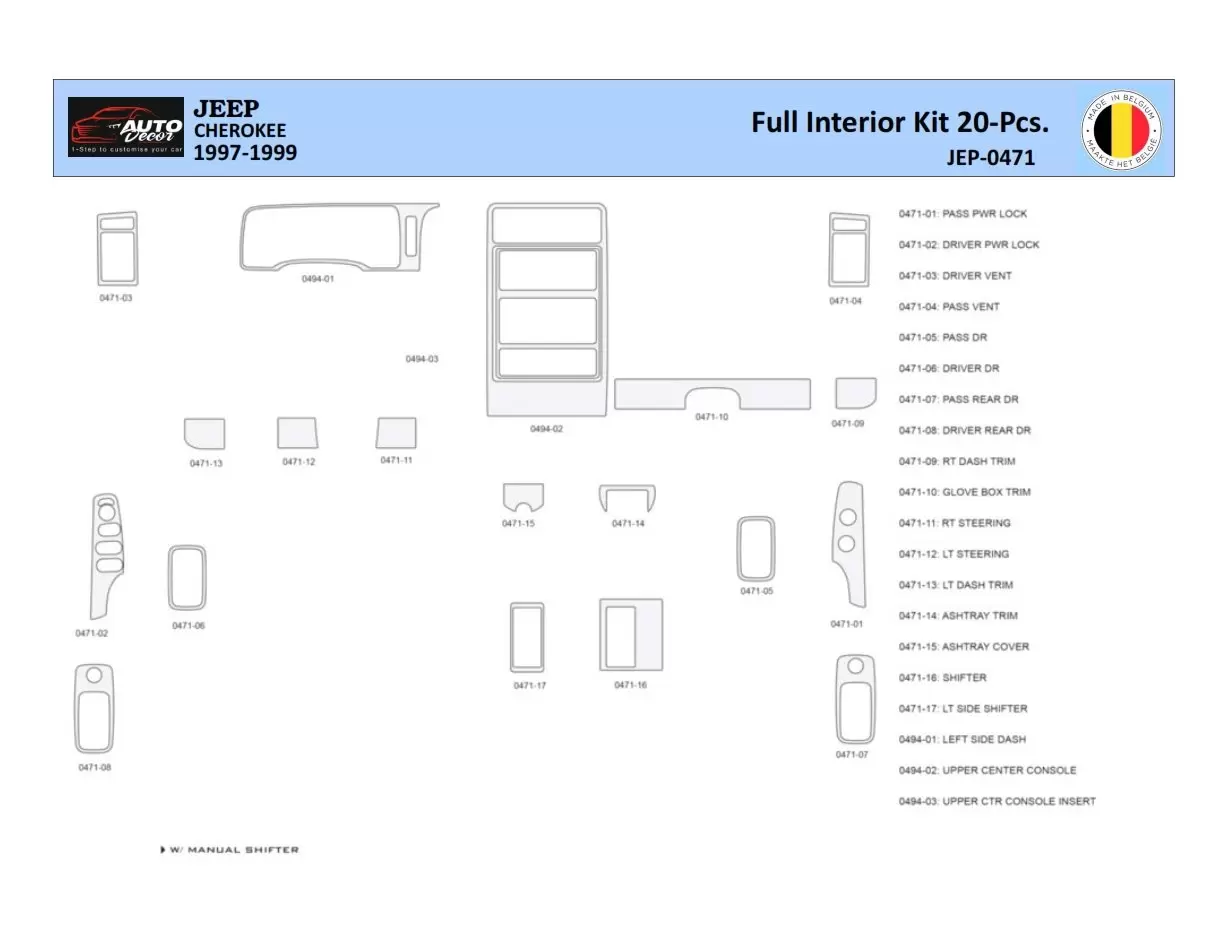 Jeep Cherokee 1997-1999 Inleg dashboard Interieurset aansluitend en pasgemaakt 20 Delen