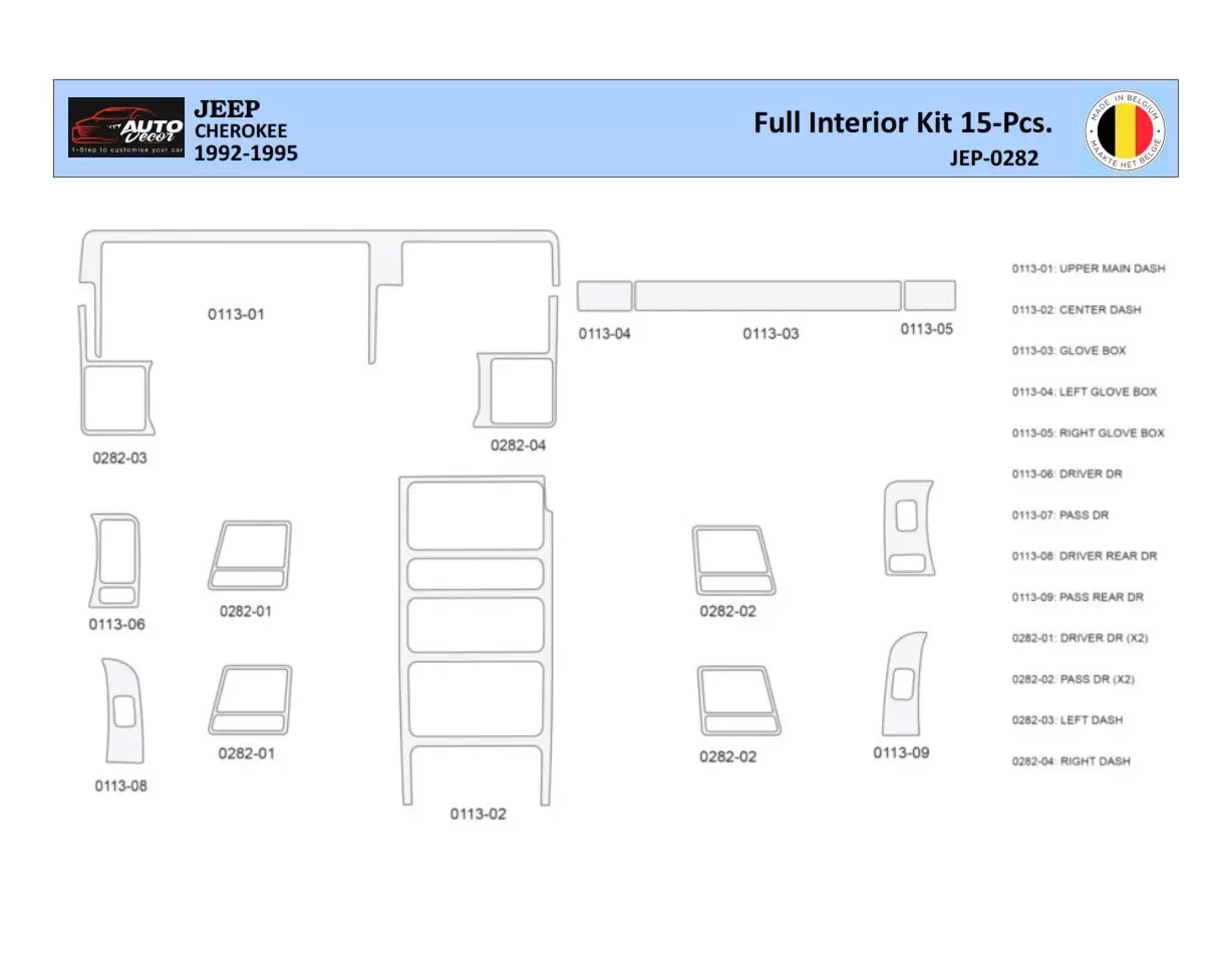 Jeep Cherokee 1992-1995 Interior WHZ Dashboard trim kit 15 Parts