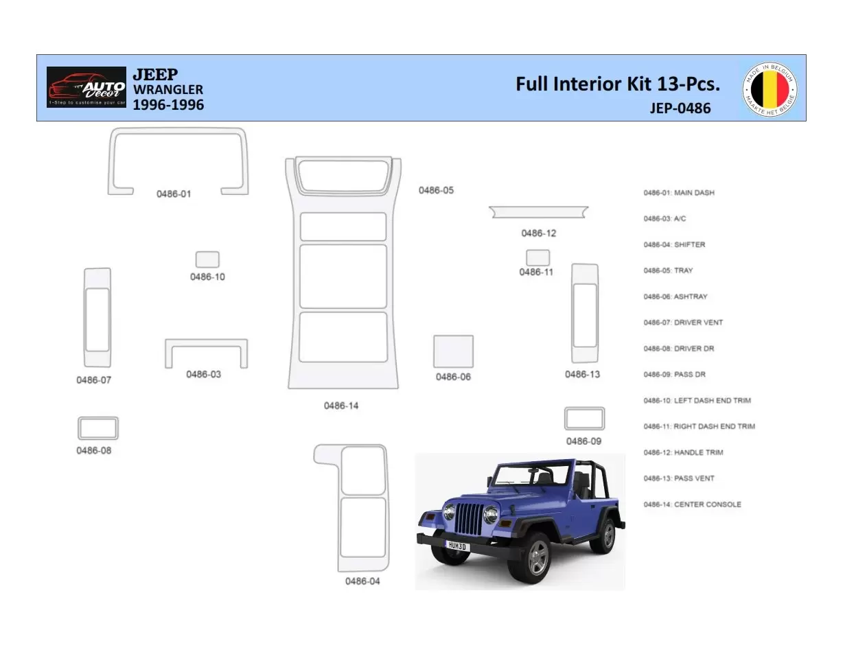 Jeep Wrangler 1996-1999 Kit la décoration du tableau de bord 13 Pièce - 1 - habillage decor de tableau de bord