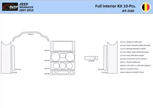 Jeep Wrangler 2007-2010 Inleg dashboard Interieurset aansluitend en pasgemaakt 10 Delen