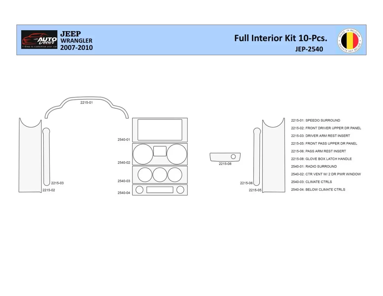 Jeep Wrangler 2007-2010 Kit la décoration du tableau de bord 10 Pièce - 1 - habillage decor de tableau de bord