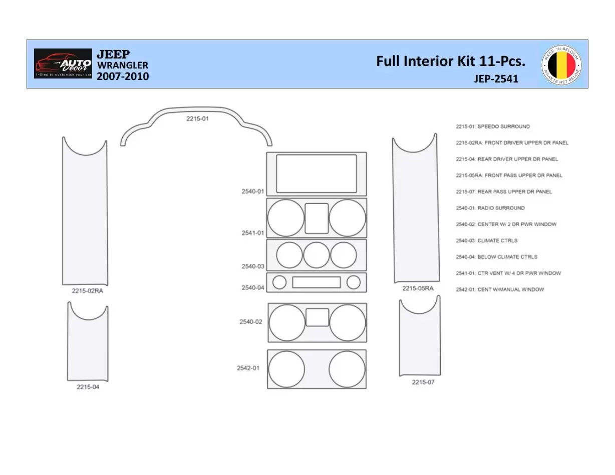 Jeep Wrangler 2007-2010 Kit la décoration du tableau de bord 11 Pièce - 1 - habillage decor de tableau de bord