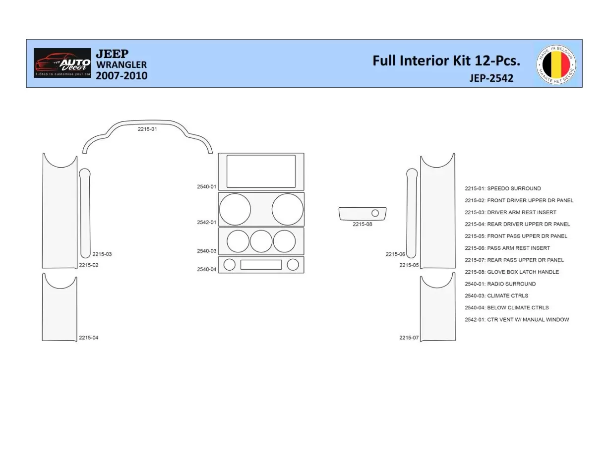 Jeep Wrangler 2007-2010 Inleg dashboard Interieurset aansluitend en pasgemaakt 12 Delen