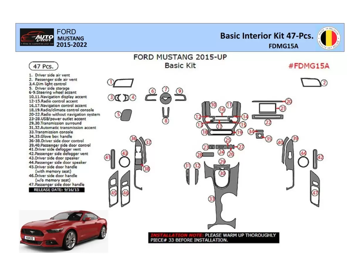 Ford Mustang 2015-2023 Mascherine sagomate per rivestimento cruscotti 47 Decori