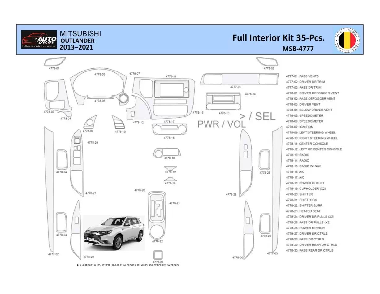 Mitsubishi Outlander 2013-2021 Kit la décoration du tableau de bord 35 Pièce - 1 - habillage decor de tableau de bord