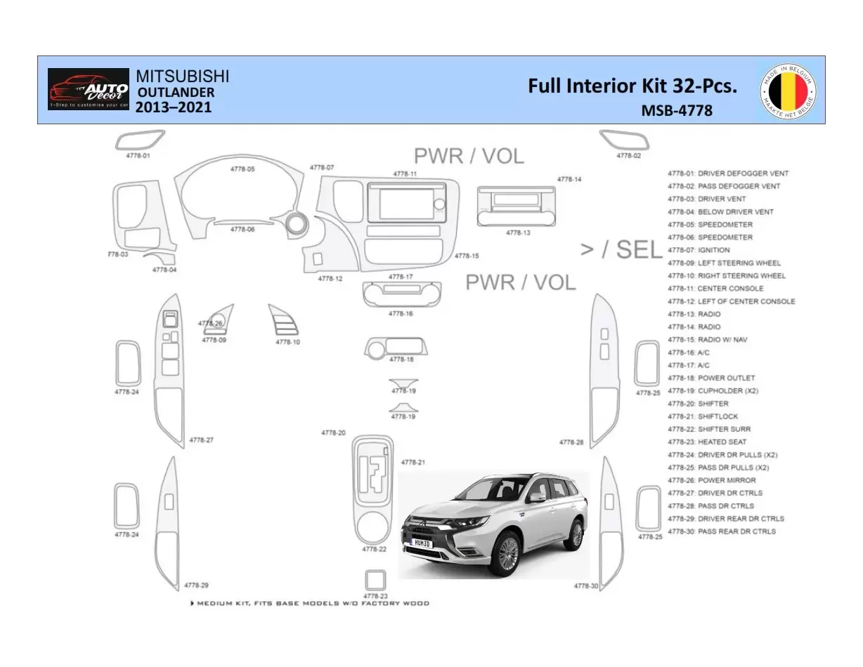 Mitsubishi Outlander 2013-2021 Kit la décoration du tableau de bord 32 Pièce - 1 - habillage decor de tableau de bord