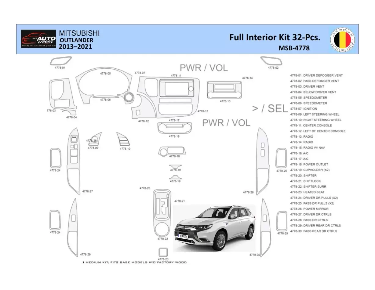 Mitsubishi Outlander 2013-2021 Interior WHZ Dashboard trim kit 32 Parts