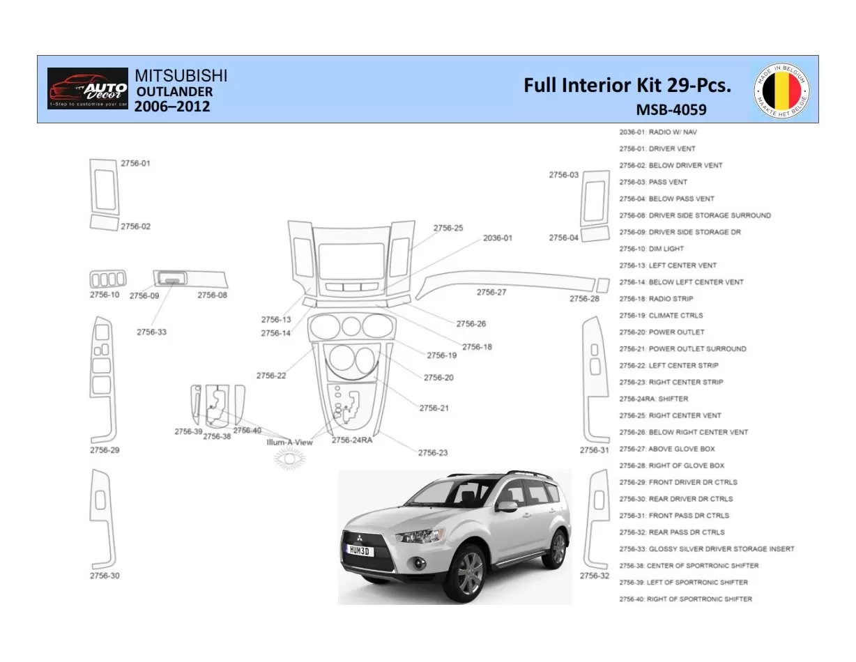 Mitsubishi Outlander 2006-2012 Interior WHZ Dashboard trim kit 29 Parts