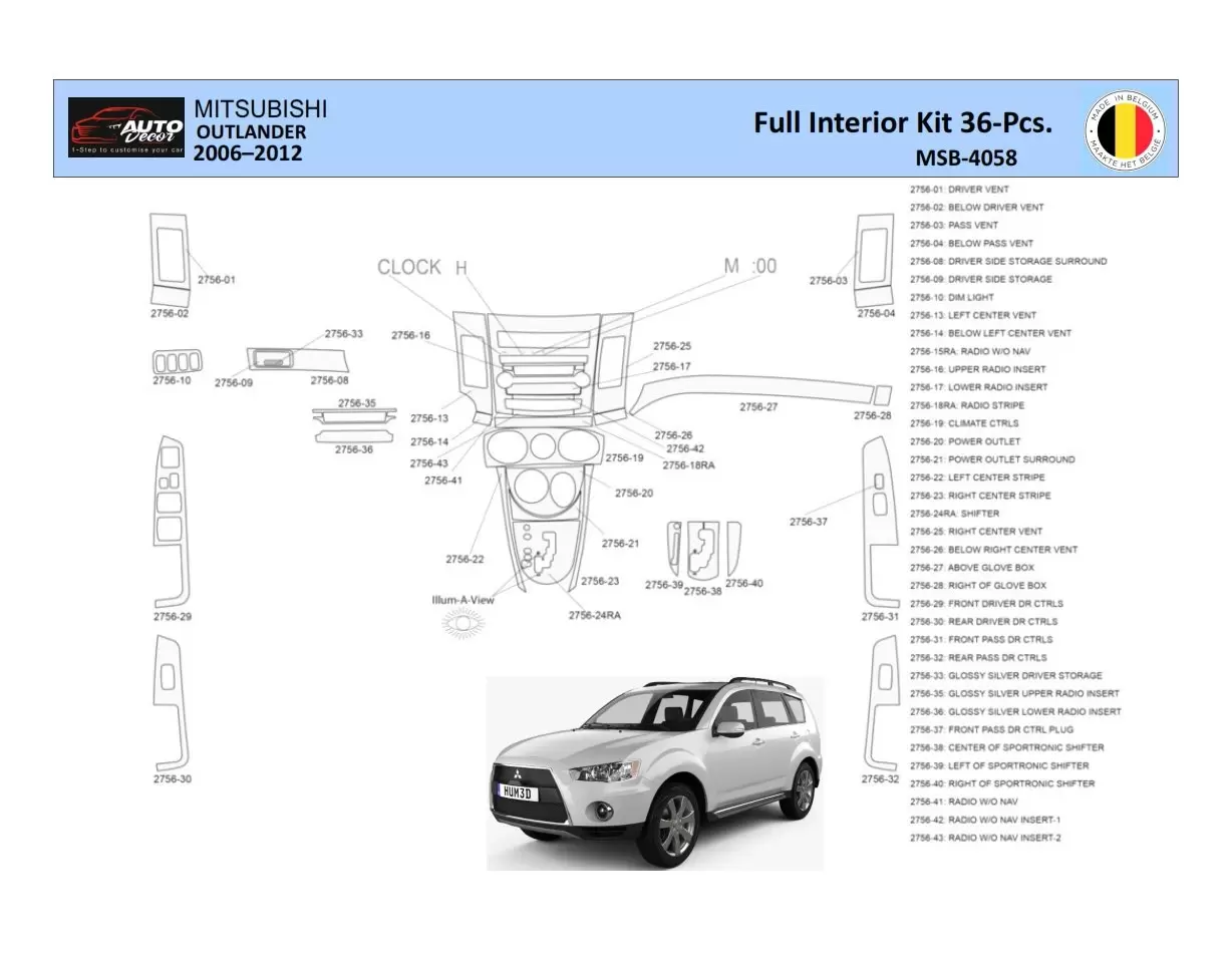 Mitsubishi Outlander 2006-2012 Interior WHZ Dashboard trim kit 36 Parts
