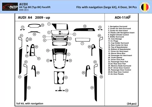 Audi A4 B8 Typ 8K 2009-2015 Kit la décoration du tableau de bord 34-Pièce - 1 - habillage decor de tableau de bord