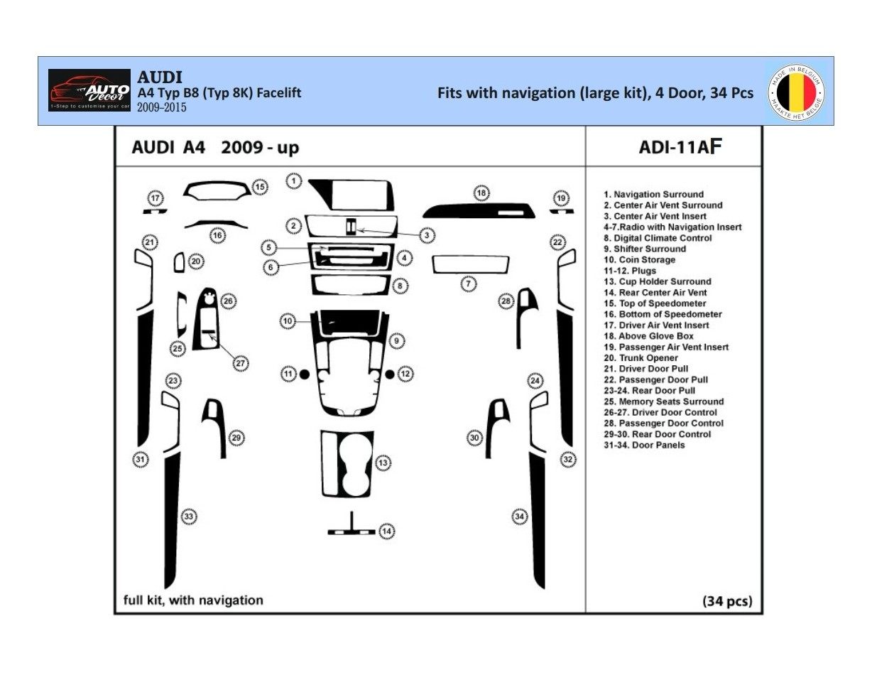 Audi A4 B8 Typ 8K 2009-2015 Kit la décoration du tableau de bord 34-Pièce - 1 - habillage decor de tableau de bord