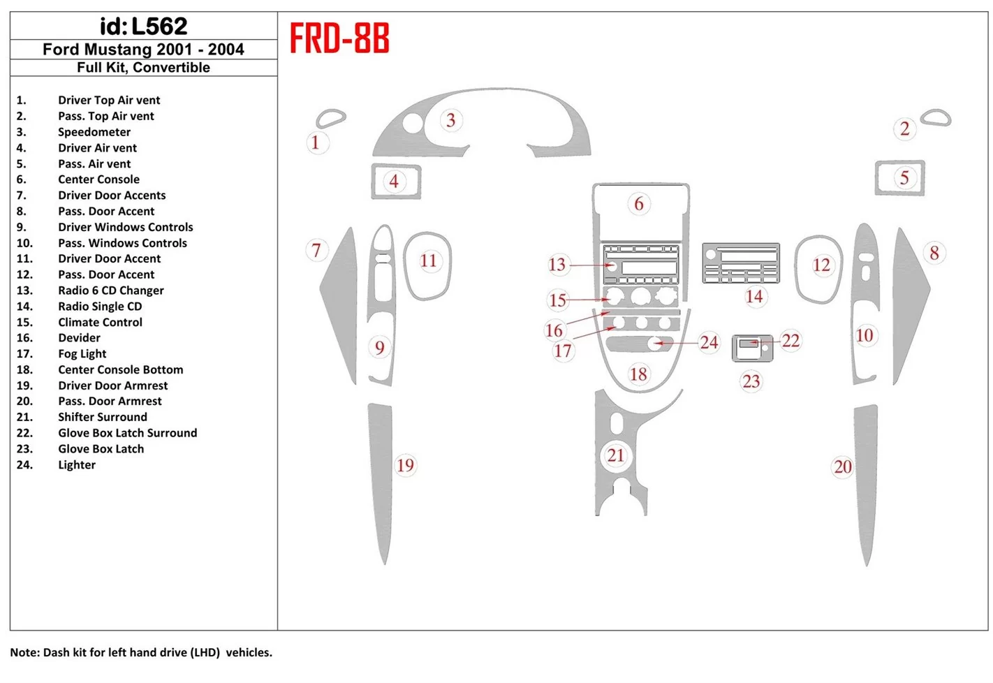 Ford Mustang 2001-2004 Folding roof-Cabrio, Full Set BD Interieur Dashboard Bekleding Volhouder