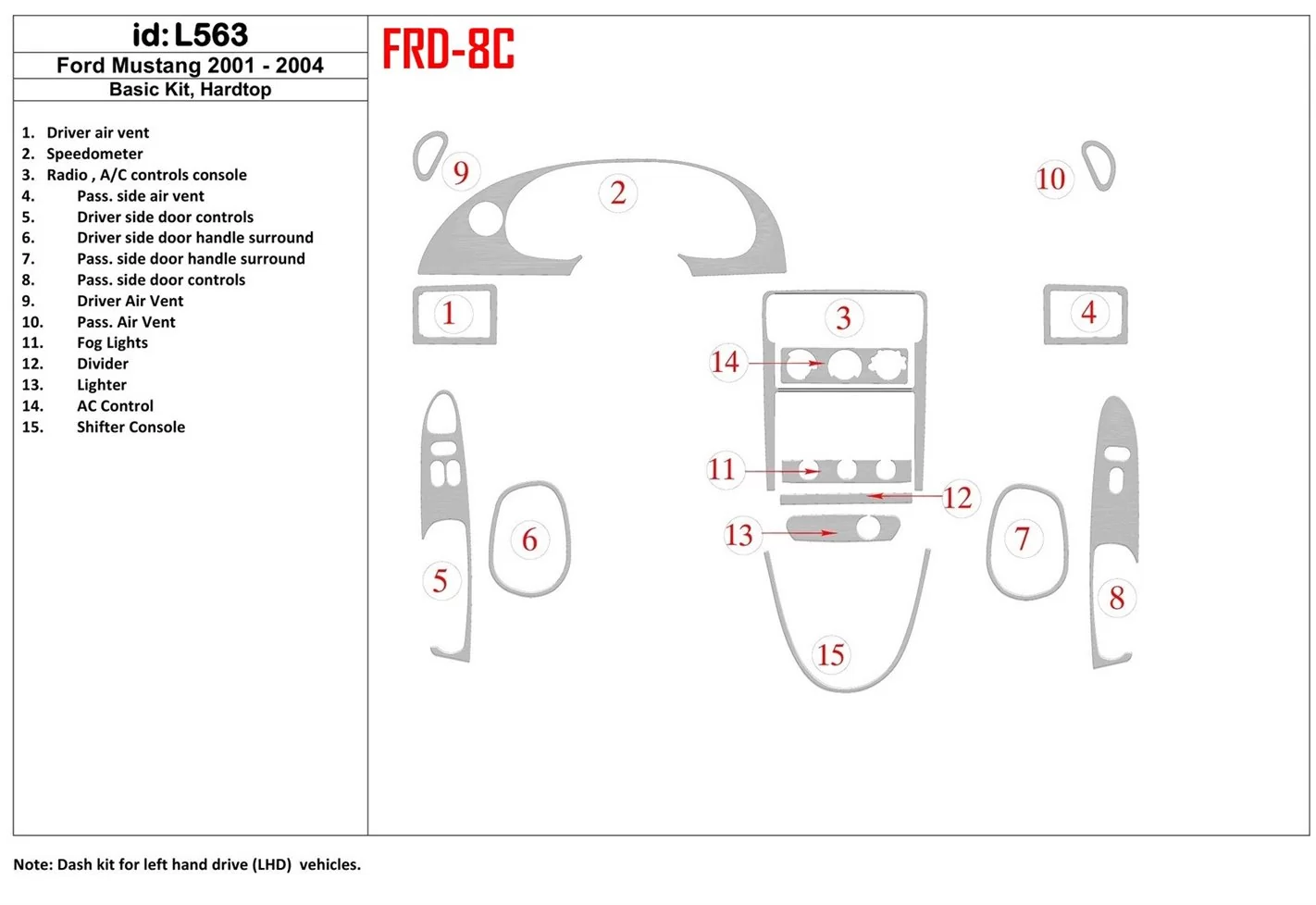 Ford Mustang 2001-2004 Soft roof-Coupe, Basic Set, 8 Parts set BD Interieur Dashboard Bekleding Volhouder