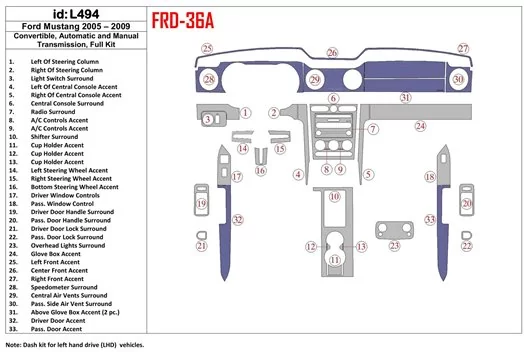 Ford Mustang 2005-2009 Folding roof-Cabrio, Full Set Cruscotto BD Rivestimenti interni