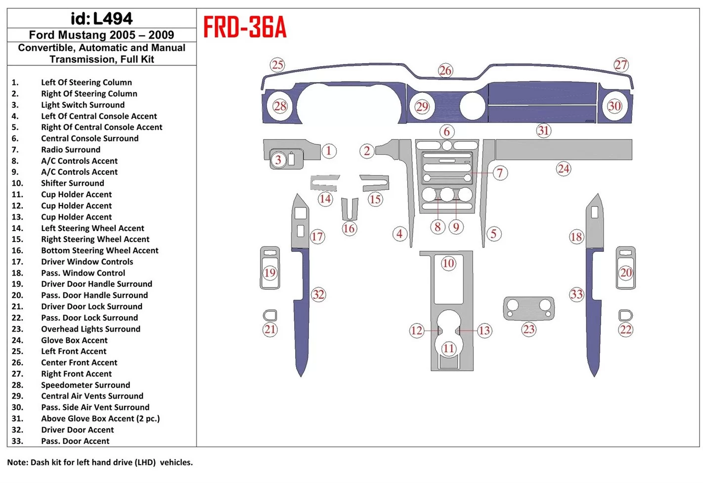 Ford Mustang 2005-2009 Folding roof-Cabrio, Full Set BD Interieur Dashboard Bekleding Volhouder